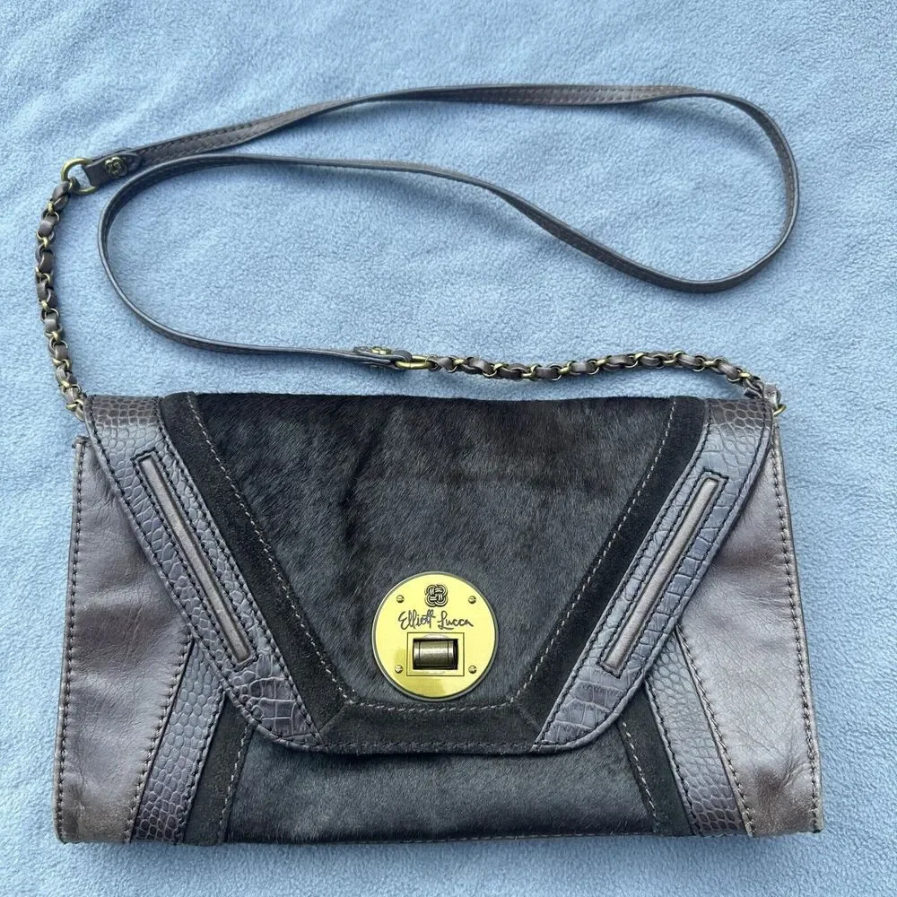 Elliott Lucca Cordoba Brown Leather‎ Crossbody Purse Envelope Clutch Turn Lock